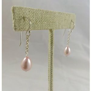 Pink Teardrop Pearl Sterling Silver Chain Drop Earrings